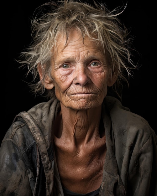 Foto retrato em close-up de uma velhota sem-abrigo com o rosto enrugado com a idade em fundo preto