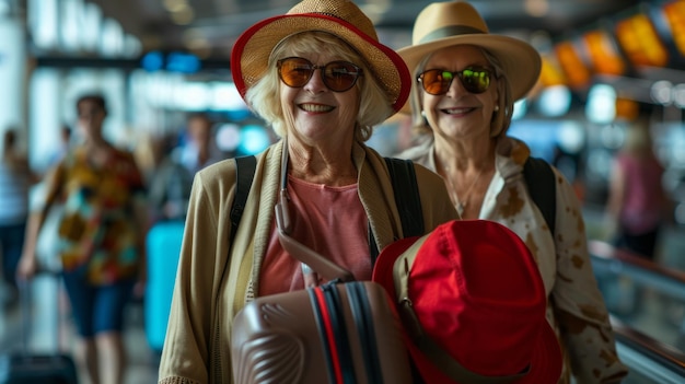 Retrato em close-up de uma viajante caucasiana sênior no aeroporto, uma mulher idosa encantadora vestindo