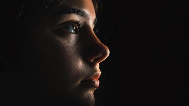 Foto retrato em close-up do rosto de uma jovem mulher de perfil ela está olhando para longe da câmera com uma expressão neutra sua pele é lisa e impecável