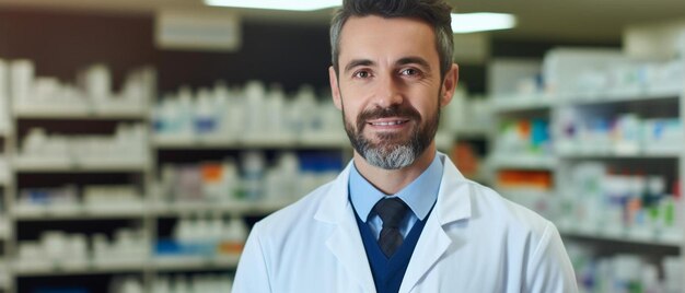 Foto retrato em close-up do rosto do farmacêutico contra um fundo brilhante com espaço de cópia