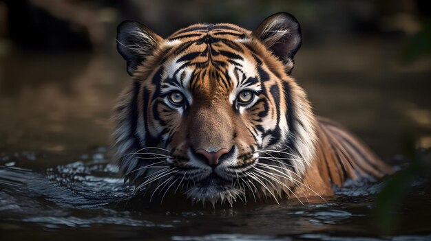 Retrato em close-up feroz tigre carnívoro olhar ou olhando para a câmera e sair da água