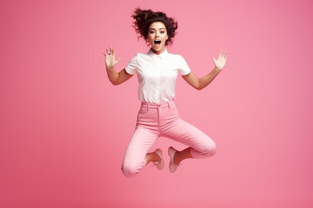 Retrato em comprimento completo de uma jovem atraente e espantada tocando suas bochechas enquanto salta sobre o rosa