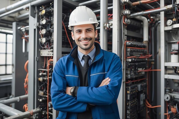 Foto retrato em comprimento de um engenheiro sorridente