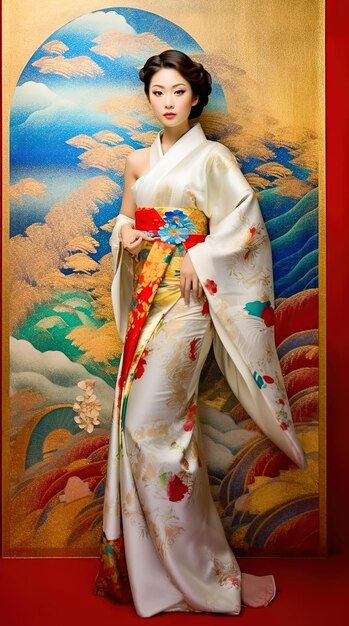 Foto retrato em comprimento de uma bela mulher japonesa em kimono ia generativa