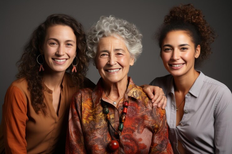 Foto retrato em meio comprimento de três encantadoras mulheres caucasianas de diferentes idades duas meninas jovens e uma senhora grisalha mais velha sorriem para a câmera enquanto posam juntas laços familiares compreensão mútua