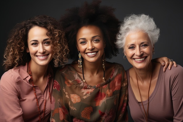 Foto retrato em meio comprimento de três mulheres encantadoras de diferentes idades e etnias duas meninas jovens e uma senhora grisalha mais velha sorriem para a câmera enquanto posam juntas conceito de amizade de beleza de diversidade
