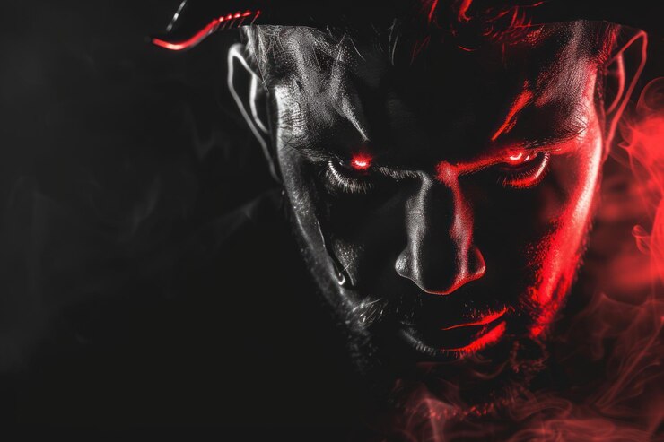 Foto retrato em preto e branco de um diabo demoníaco em fundo preto