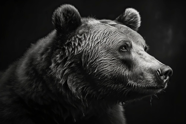 Retrato em preto e branco de um urso pardo em um fundo preto