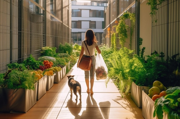 Retrato em tamanho real de uma atraente e satisfeita senhora caucasiana com sacos de compras olhando para seu cachorro IA generativa