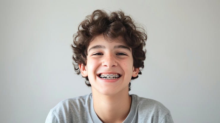Foto retrato emocional de um menino com aparelhos metálicos nos dentes em pé contra um fundo simples
