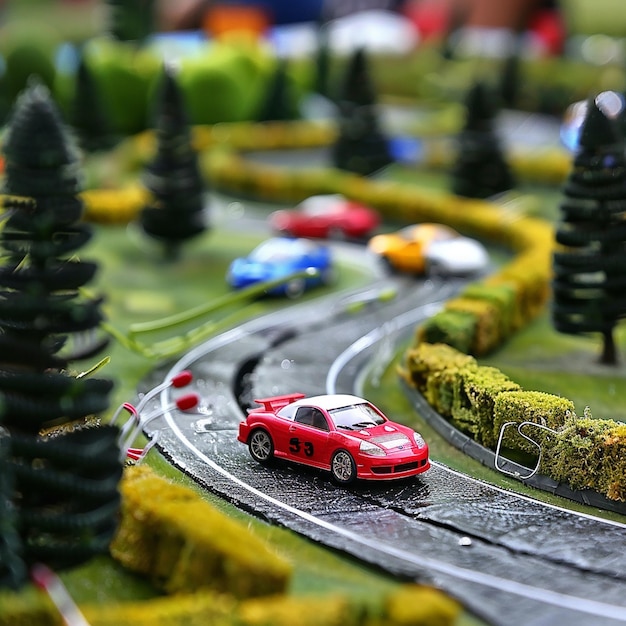 Foto el retrato de los emocionantes corredores de coches de juguete