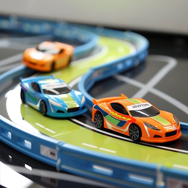 Foto el retrato de los emocionantes corredores de coches de juguete