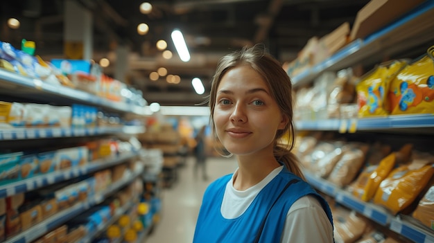 Foto retrato de una empleada de una tienda de comestibles