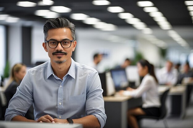 Retrato de un empleado confiado con gafas mirando a la cámara en la oficina