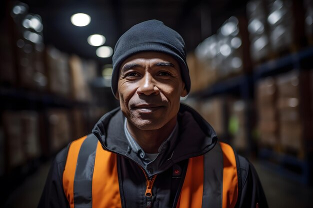 Retrato de un empleado masculino feliz en la industria manufacturera con cajas de cartón apiladas Trabajador de almacén Fondo de almacenamiento Ai generativo