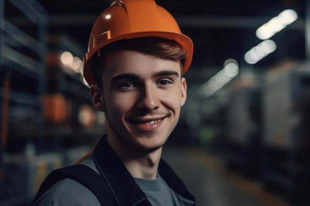 Retrato de empleado sonriente y feliz de trabajador industrial en el interior de la fábrica joven técnico con sombrero de color naranja
