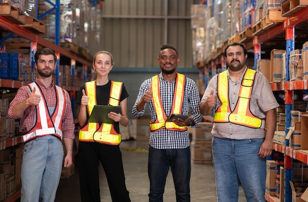 Foto retrato de empleados del grupo en el almacén con el pulgar hacia arriba