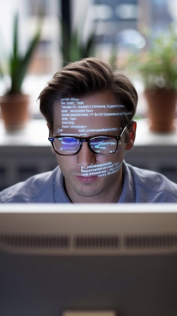 Retrato de un emprendedor digital que trabaja en una línea de código de computadora proyectada en su cara
