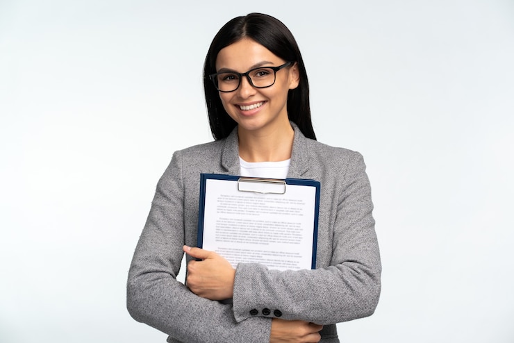 Foto retrato de una empresaria vistiendo traje gris sosteniendo una carpeta grande con documentos mientras está de pie en su lugar de trabajo sobre la pared blanca
