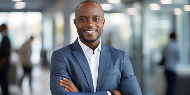 Retrato de un empresario africano sonriente de pie en la oficina con las manos cruzadas