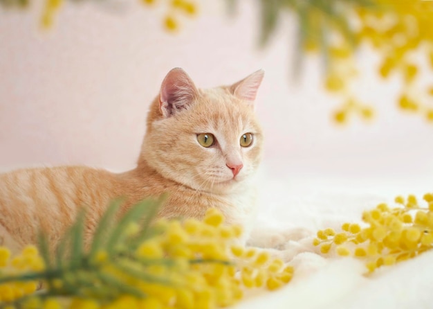 Retrato de encantador gato rojo en flores amarillas Acogedora mañana de primavera en casa Gato rodeado de flores en un día soleado de primavera Enfoque selectivo