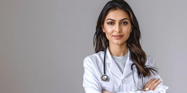 Foto retrato de un encantador médico indio con una bata blanca de laboratorio y un estetoscopio con una expresión alegre contra un fondo neutral