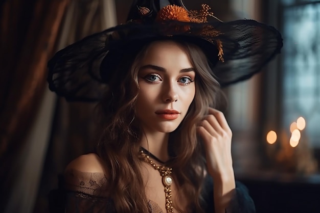 Retrato de una encantadora joven bruja con un sombrero cuentos para Halloween