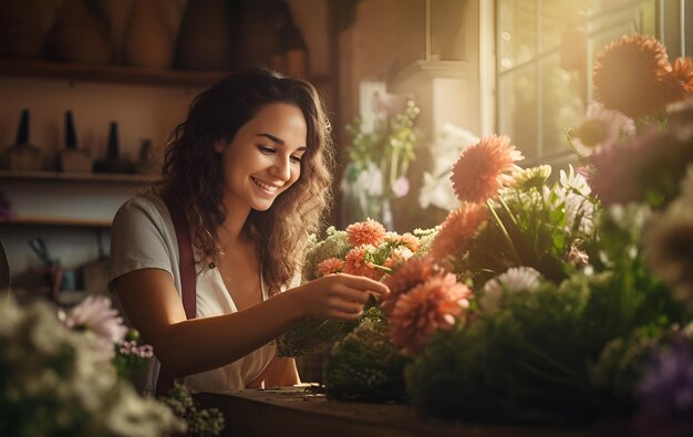 Retrato de una encantadora joven florista creando un hermoso ramo Sonriente y bonita propietaria que trabaja en una tienda de flores estudio de diseño floral rústico organizando un escaparate de exhibición Cerrar