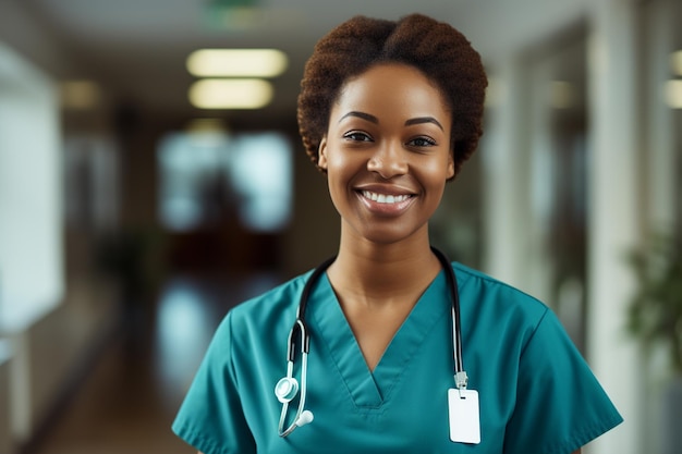 Foto retrato de una enfermera afroamericana sonriente de pie en el pasillo del hospital