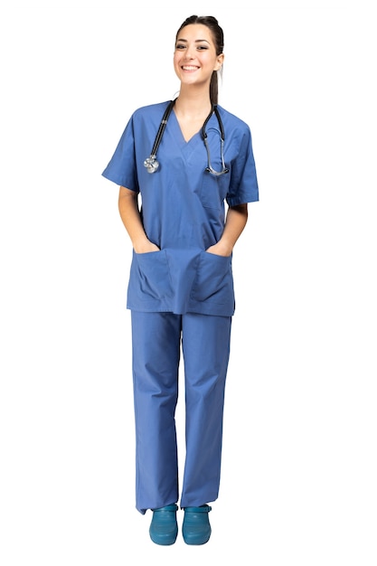 Foto retrato de enfermera aislado en blanco, longitud completa