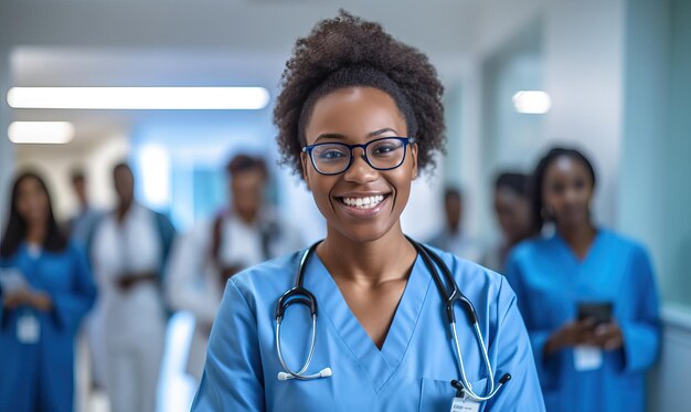 Retrato enfermera médico en el hospital de pie en el corredor mujer negra médico