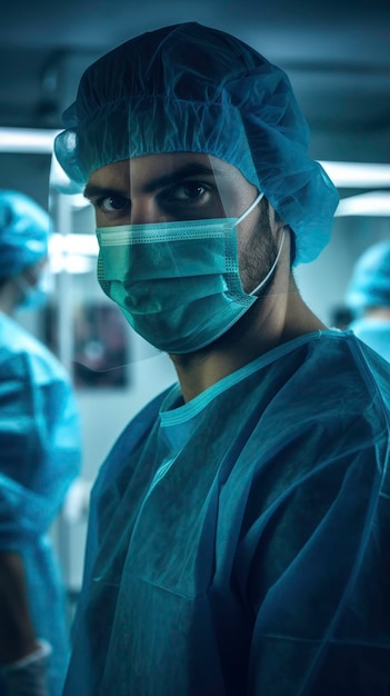 Retrato de una enfermera con uniforme estéril y máscara mirando a la cámara