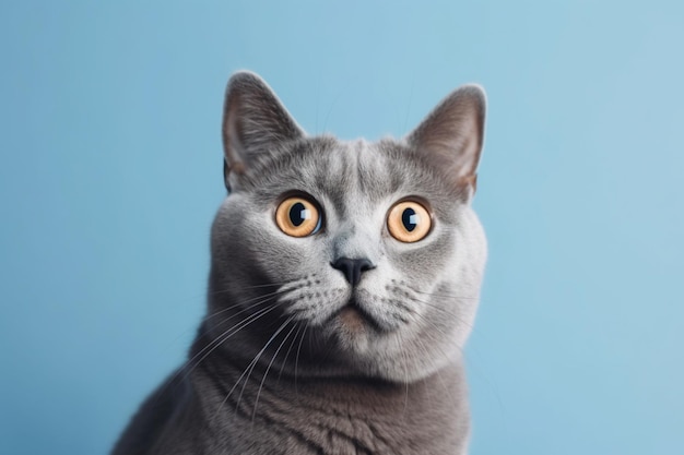 Retrato engraçado de gato britânico de cabelo curto parecendo chocado ou surpreso isolado azul generativo ai