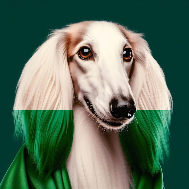 Retrato engraçado de um cão borzoi com um casaco verde