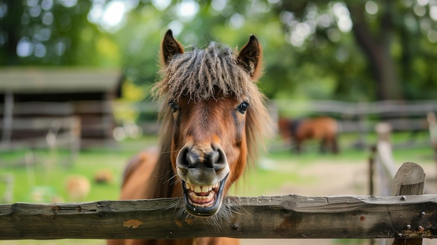 Retrato engraçado de um pequeno cavalo rindo sorrindo em um zoológico imagem gerada por IA