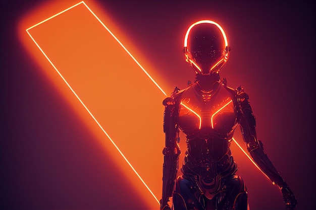 Retrato épico en 3D de una cyborg femenina en un traje Exo de rayos naranjas de alta tecnología Acentos de iluminación LED Arte generado por IA