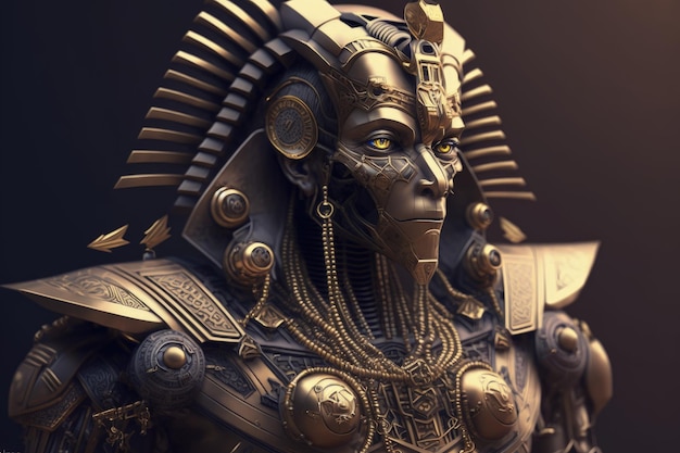 Retrato épico de ciencia ficción del robot faraón dorado con detalles ornamentales y pose de acción dinámica