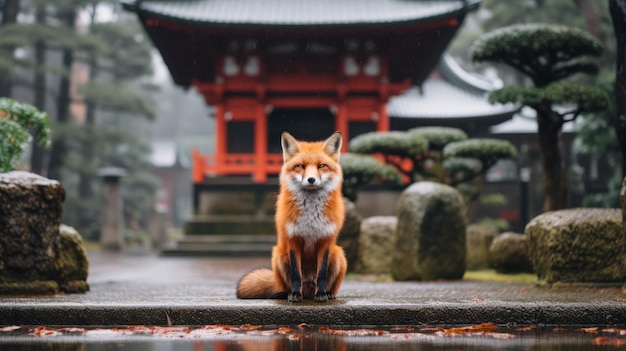 Retrato épico da raposa vermelha na chuva perto do templo japonês