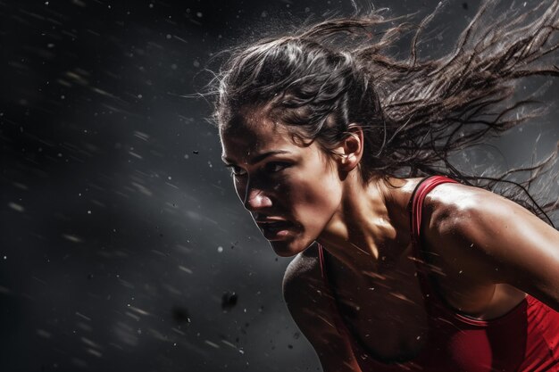 Retrato épico de mulher de fitness esportiva em gotas de água IA geradora