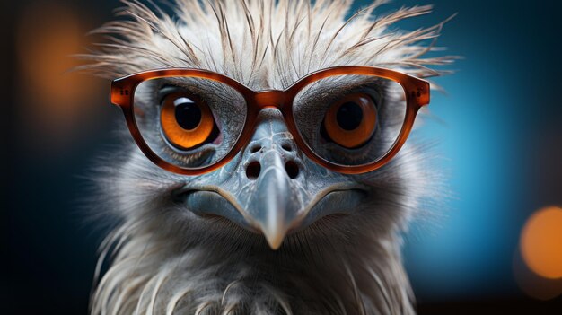 Retrato épico de um avestruz com óculos no estilo Dinopunk