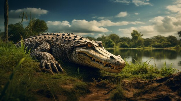 Foto retrato épico de um jacaré majestoso descansando em uma área gramada