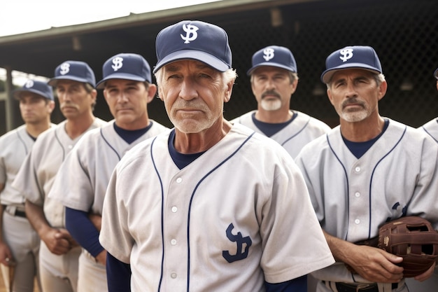 Retrato de un equipo de béisbol de pie juntos en el campo creado con IA generativa