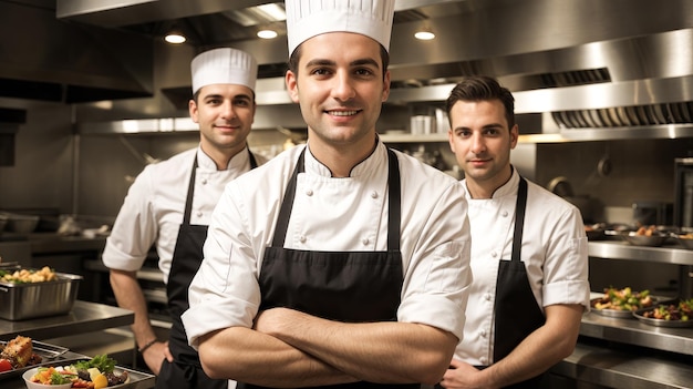 Retrato del equipo de cocineros en una cocina comercial Un chef feliz trabajando en la cocina de un restaurante sonriendo Cocineros confiados de pie en la cocina del restaurante