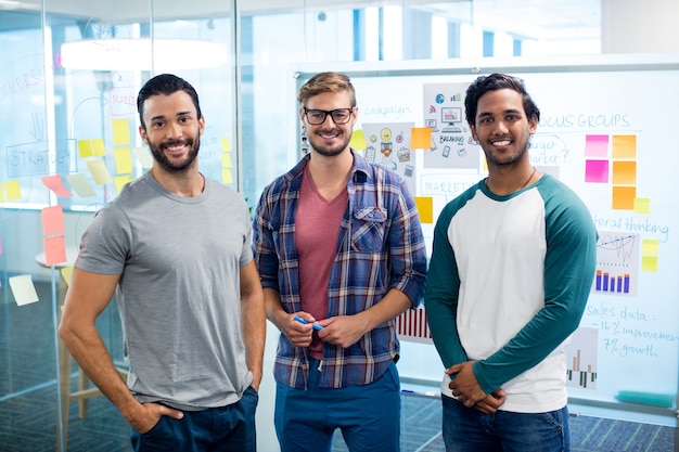 Retrato de equipo de negocios creativos de pie contra la pared con notas adhesivas