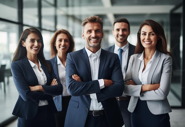 Retrato del equipo de negocios riendo de pie en la oficina