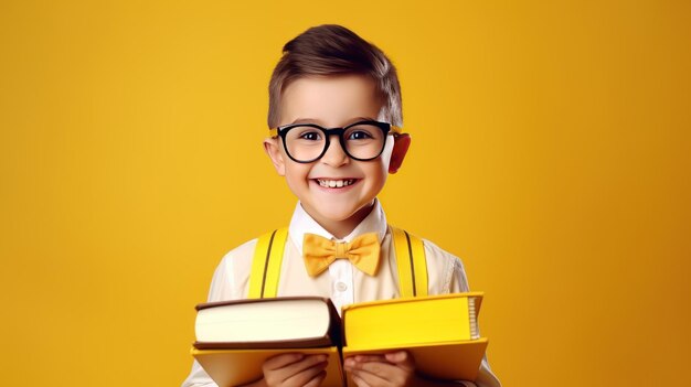 Retrato de un escolar lindo y feliz sonriente con gafas y libros en fondo amarillo generado por la IA