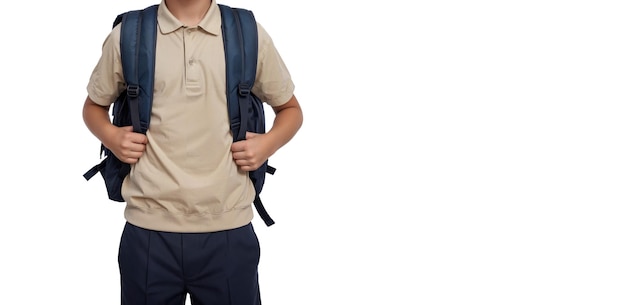 Retrato de un escolar con una mochila aislada sobre un fondo blanco