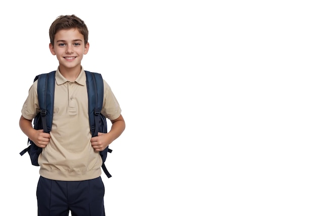 Retrato de un escolar sonriente con una mochila mirando a la cámara aislada sobre un fondo blanco