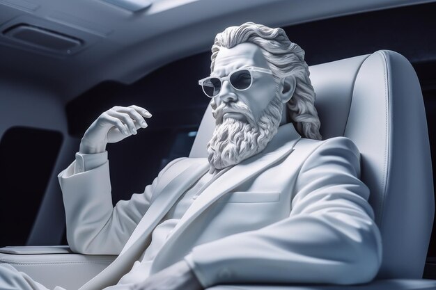 Retrato de una escultura del dios Zeus en traje de negocios y gafas sentado en un coche de clase ejecutiva