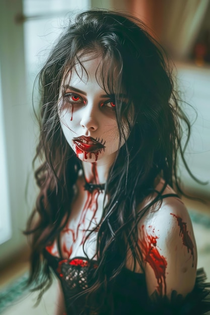 Retrato de una espeluznante mujer vampiro con manchas de sangre y maquillaje oscuro en una atmósfera sinistra